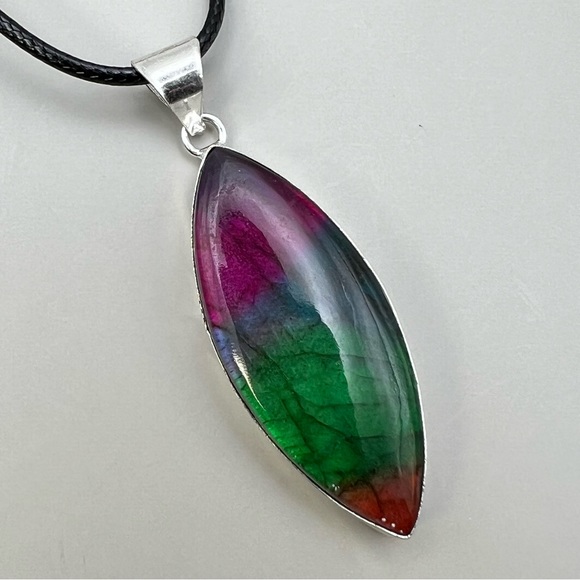 New Color Enhanced Labradorite Sterling Silver Overlay Pendant Necklace w Cord - Picture 2 of 5